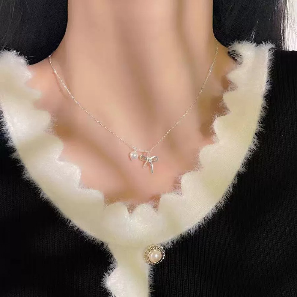 Bowknot Pearl Necklace Women Korean Style Versatile Fashion Light Luxury Sweet Clavicle Necklace