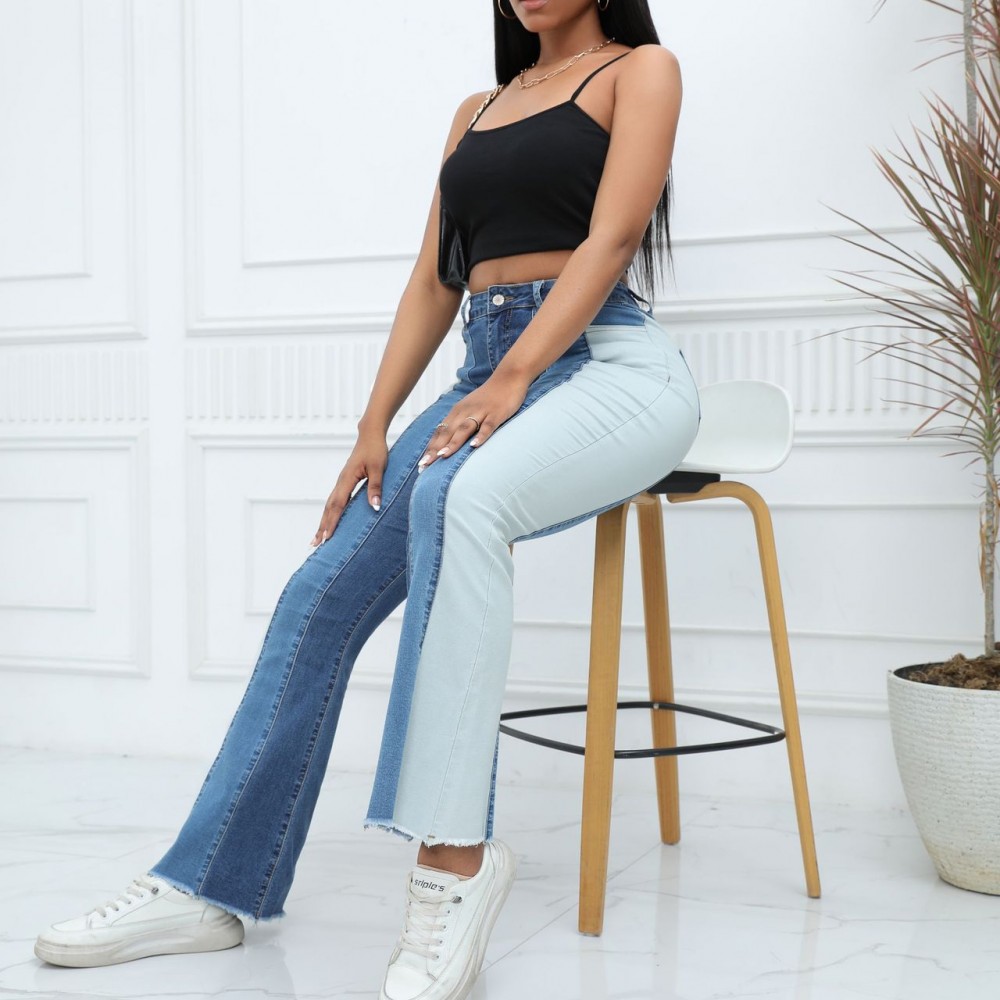 Fashion Blue Grey Contrast Jeans for Women