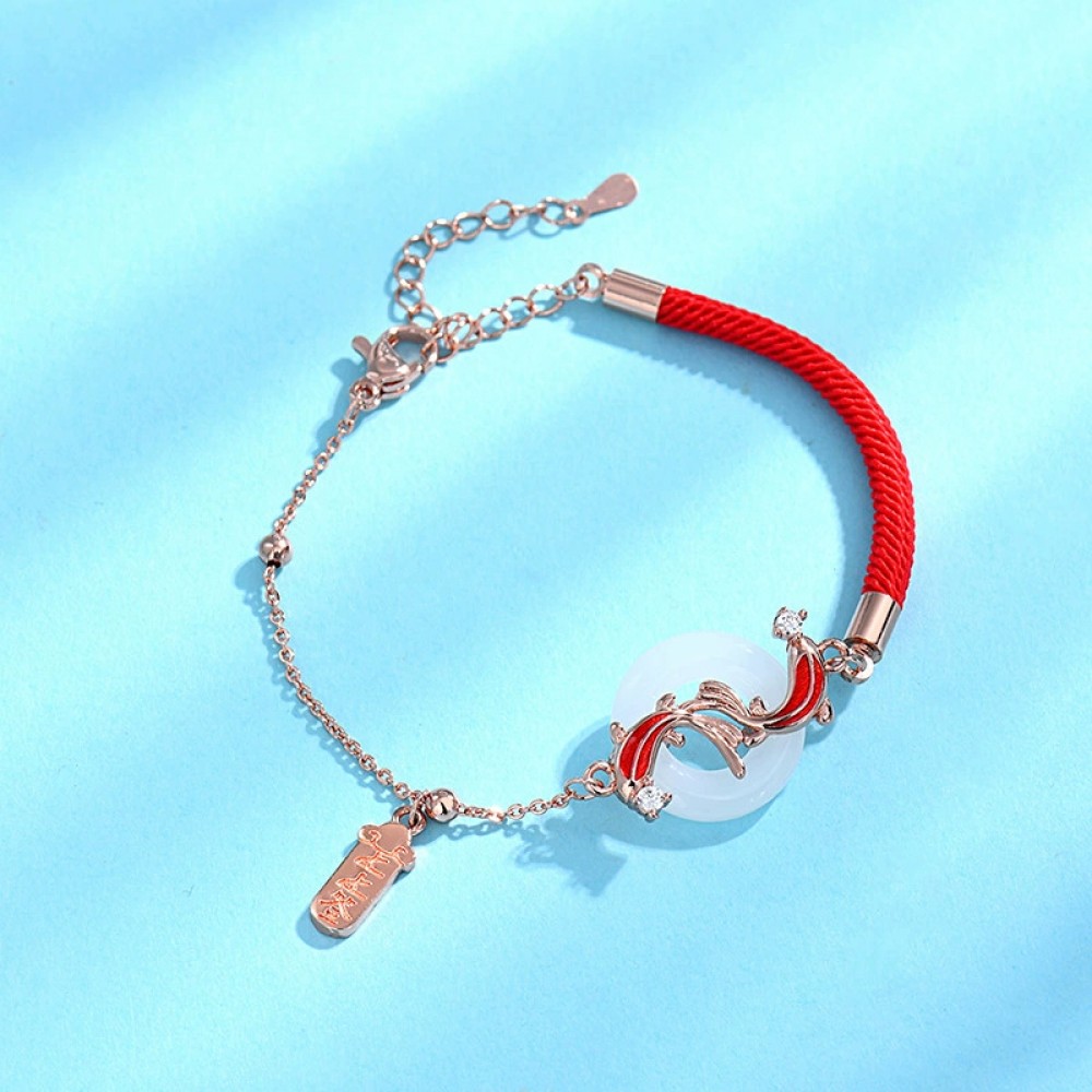 Koi and Hetian jade peace buckle bracelet for women red string birth year luck beads bracelet