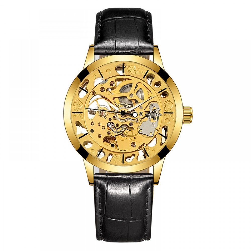 Casual fashion watch leather strap hollow automatic mechanical watch for men