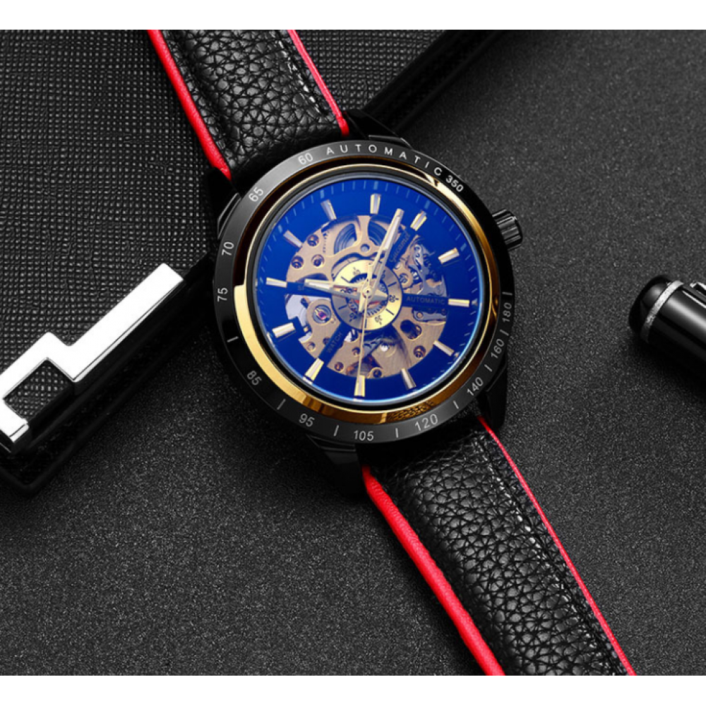 Men's Business Fashion Waterproof Mechanical Watch Black Gold Steel Band