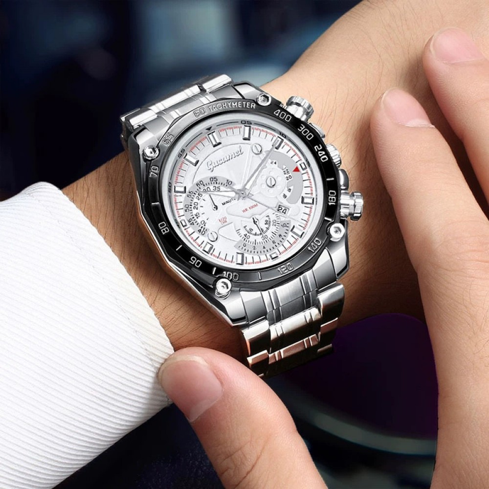 Multifunctional Fashion Men's Watch Steel Band White Dial