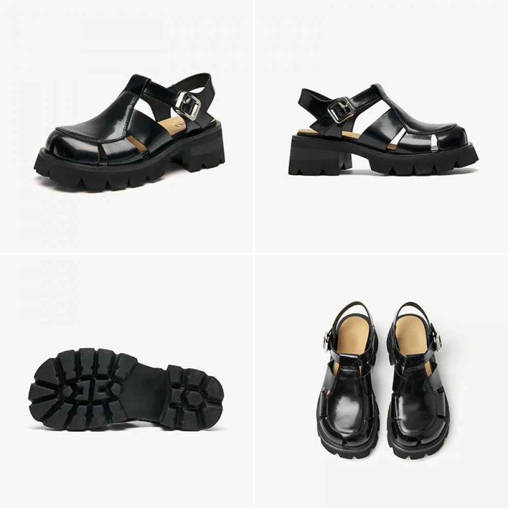 WMNS Cover Toe Leather Chunky Black Sandals