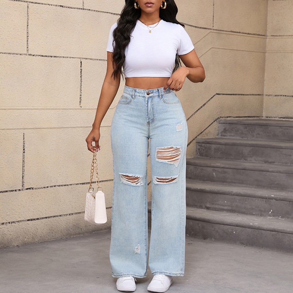 Fashion Light Blue Wideleg Cargo Pants for Women