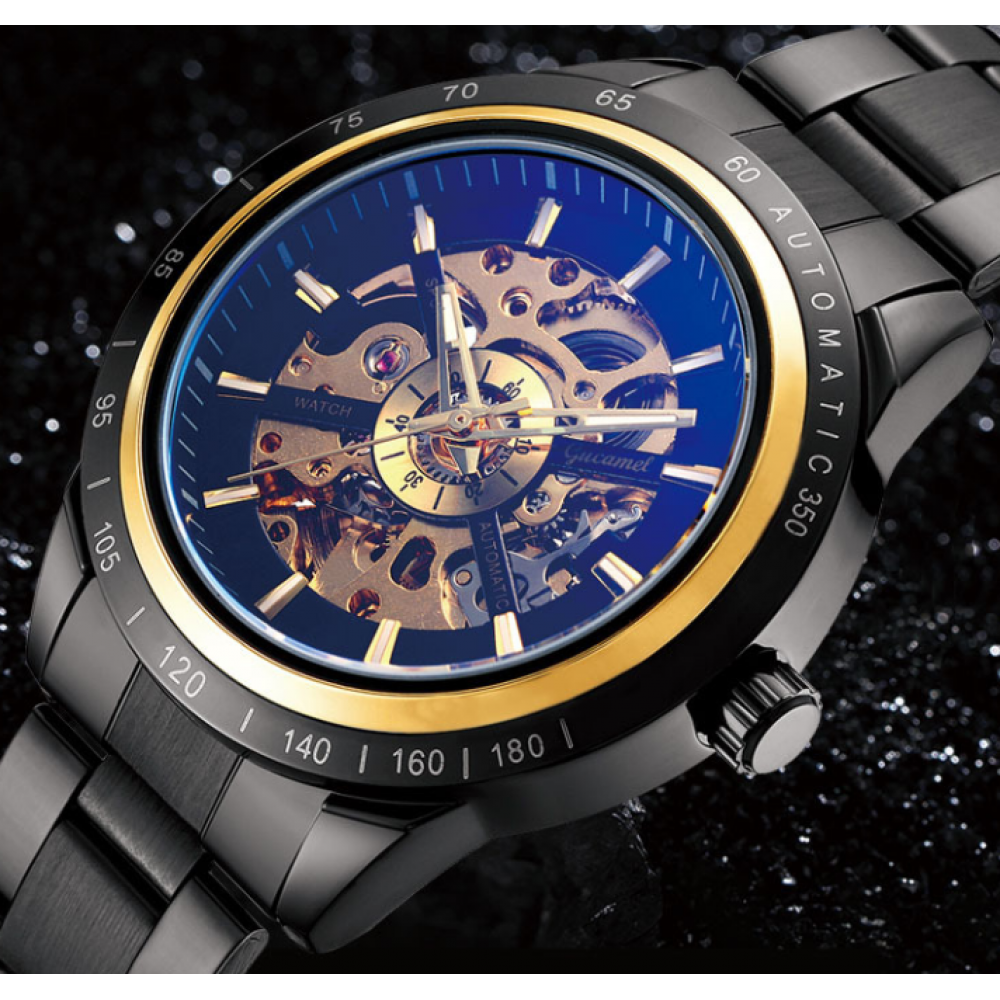 Fashionable Men's Steel Strap Watch Black Gold Dial